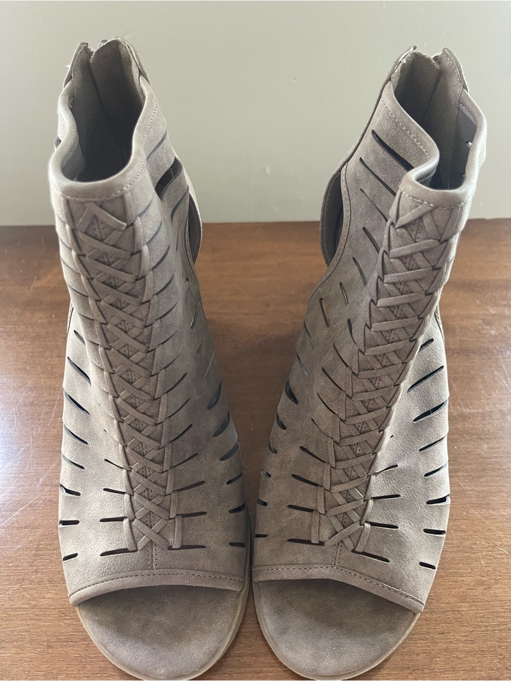 Suede Cutout Lace-Up Peep-Toe Booties - Taupe